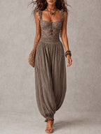 Ceniza • Conjunto de bandeau de encaje gris y pantalones harem de algodón plisados