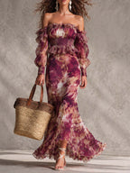 Vestido maxi de chifón rosa con hombros descubiertos