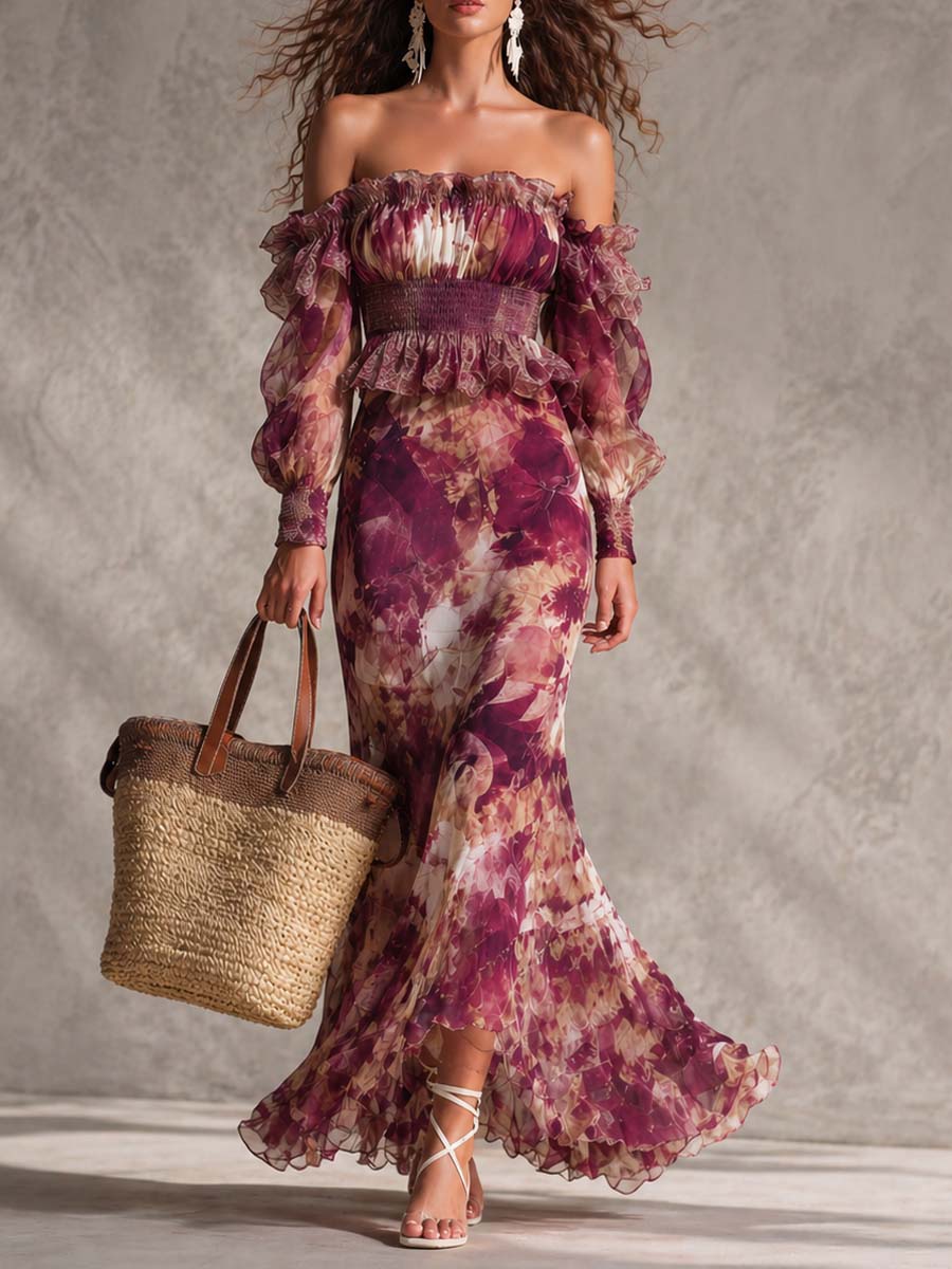 Vestido maxi de chifón rosa con hombros descubiertos