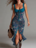 Vestido midi azul con estampado floral y ribetes de encaje