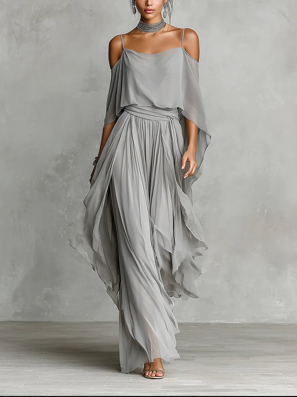 Conjunto en Chifón Gris: Top sin mangas y pantalones