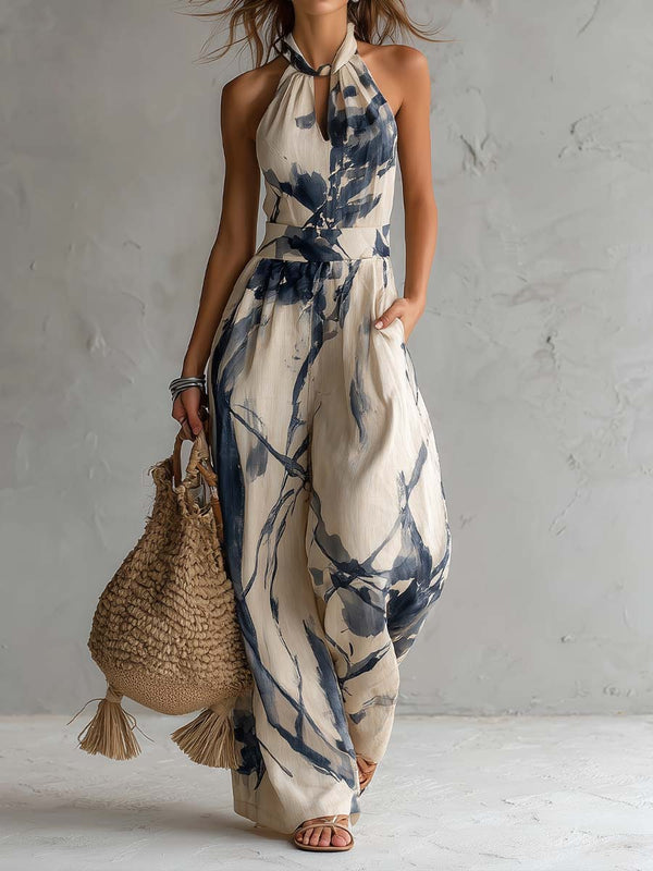 Mono con escote halter y estampado en tinta