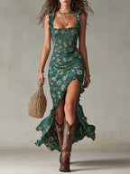 Vestido Maxi Estampado Verde Bohemio con Mangas Volantes