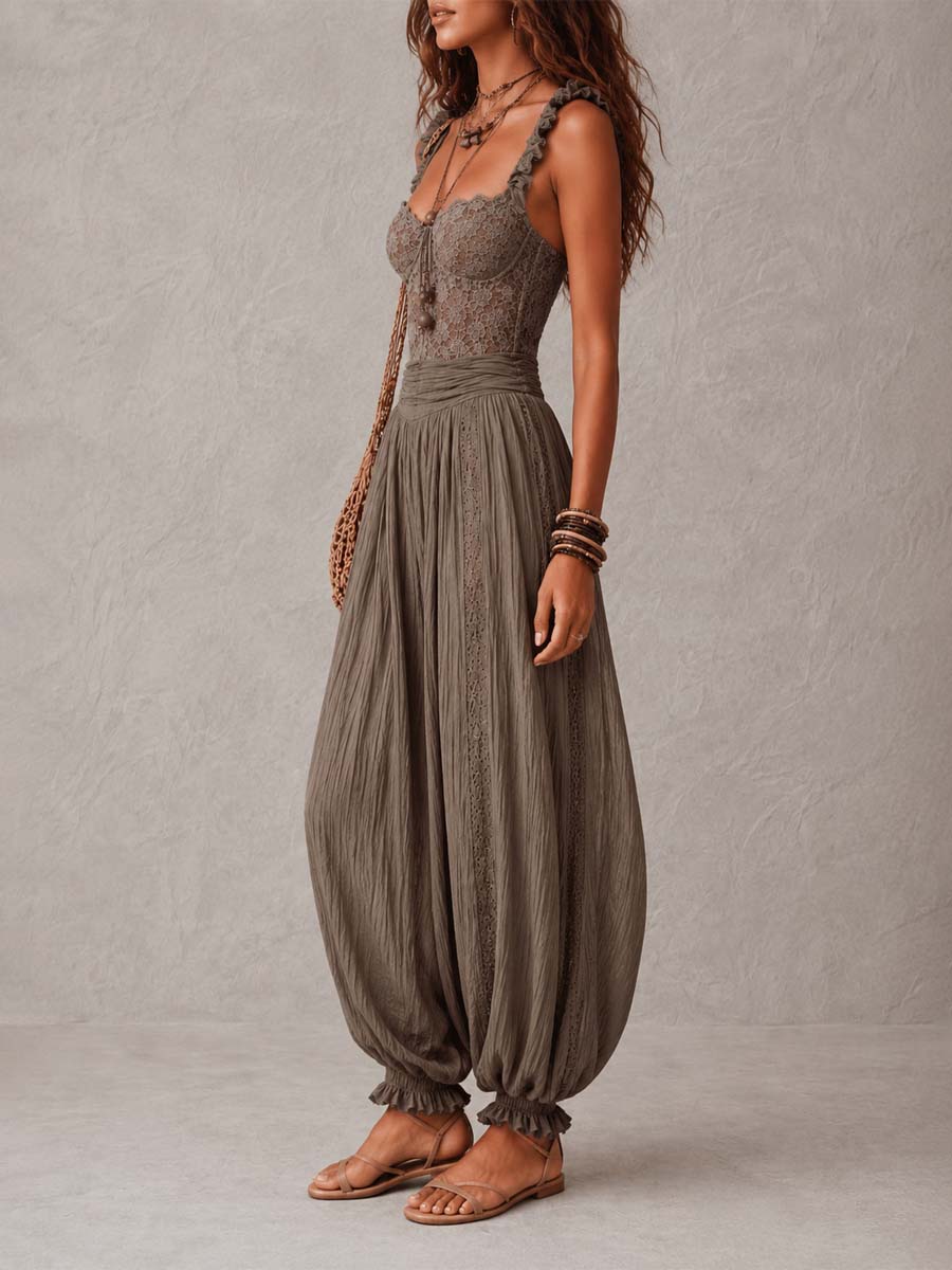 Ceniza • Conjunto de bandeau de encaje gris y pantalones harem de algodón plisados