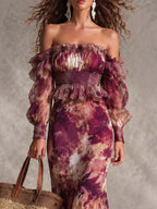Vestido maxi de chifón rosa con hombros descubiertos