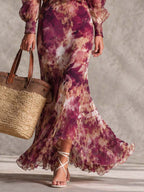 Vestido maxi de chifón rosa con hombros descubiertos