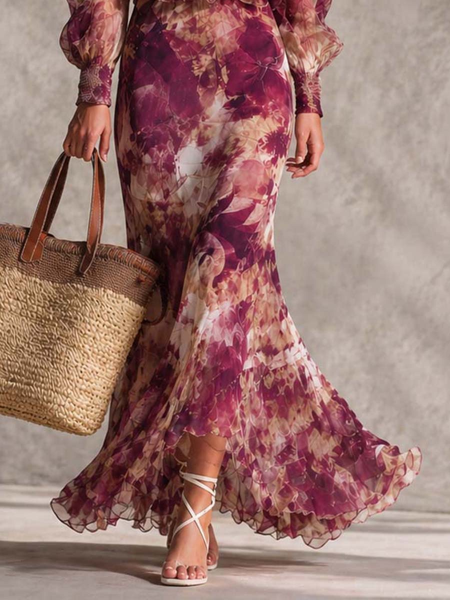 Vestido maxi de chifón rosa con hombros descubiertos