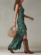 Vestido Maxi Estampado Verde Bohemio con Mangas Volantes