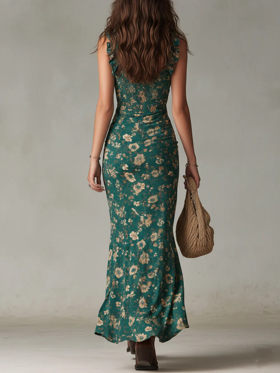 Vestido Maxi Estampado Verde Bohemio con Mangas Volantes