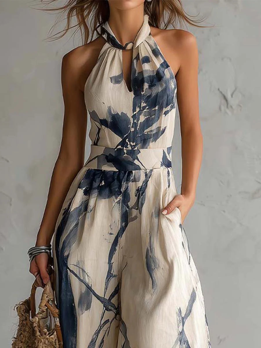 Mono con escote halter y estampado en tinta