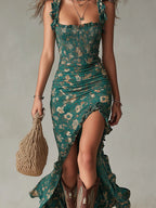 Vestido Maxi Estampado Verde Bohemio con Mangas Volantes