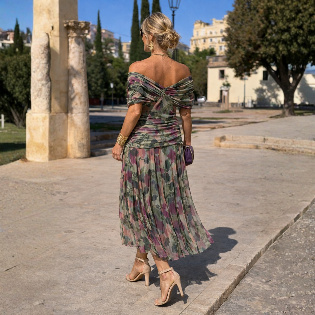 Mikaela | Vestido largo de hombros descubiertos que disimula la tripa