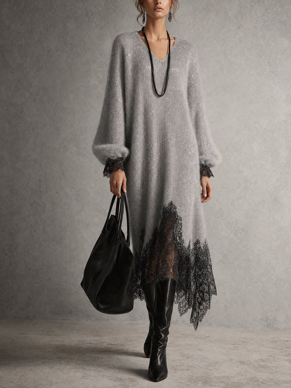 Vestido midi gris de punto con bajo de encaje