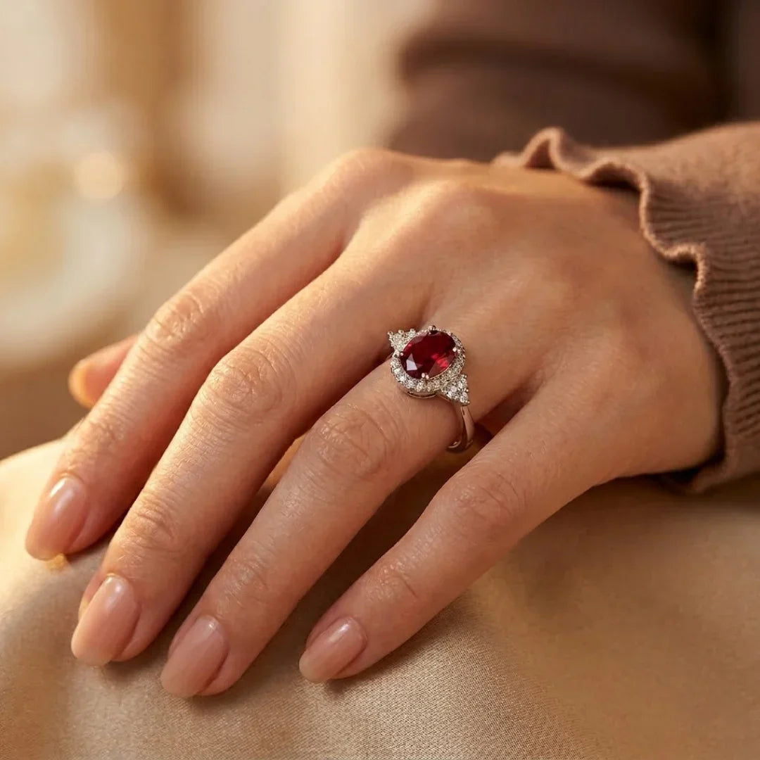 Anillo halo de plata y rubí