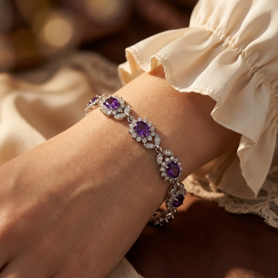 Pulsera floral de amatista plateada