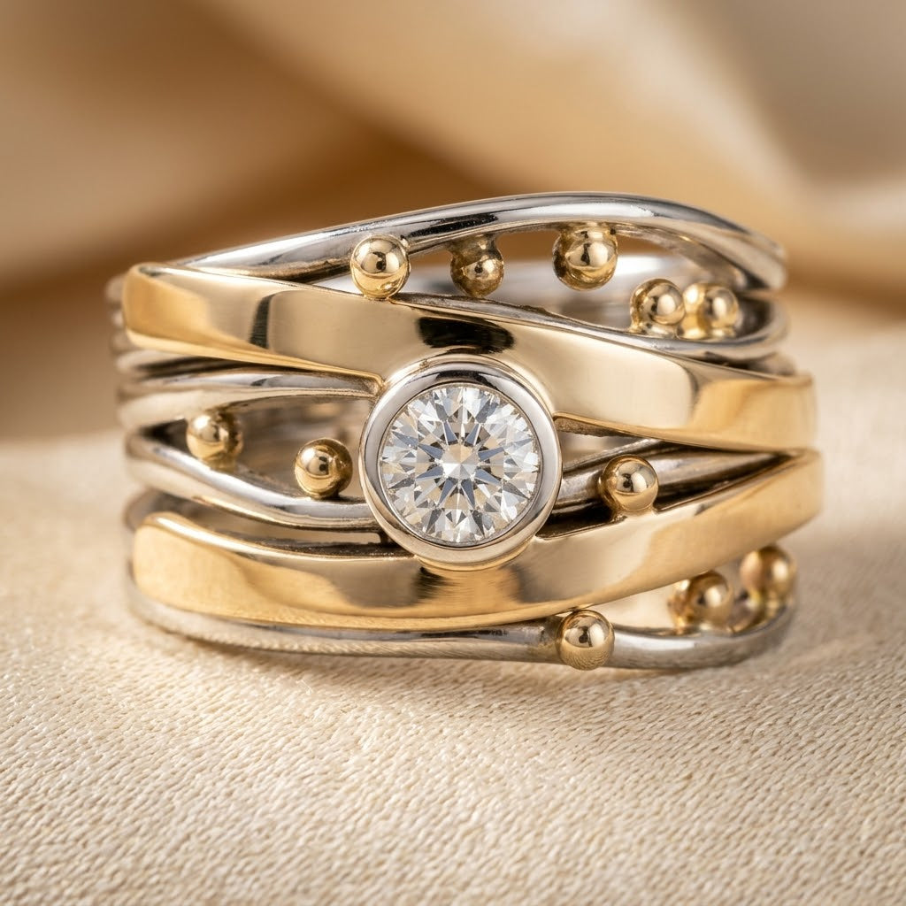 Anillo de plata y oro con montura envolvente