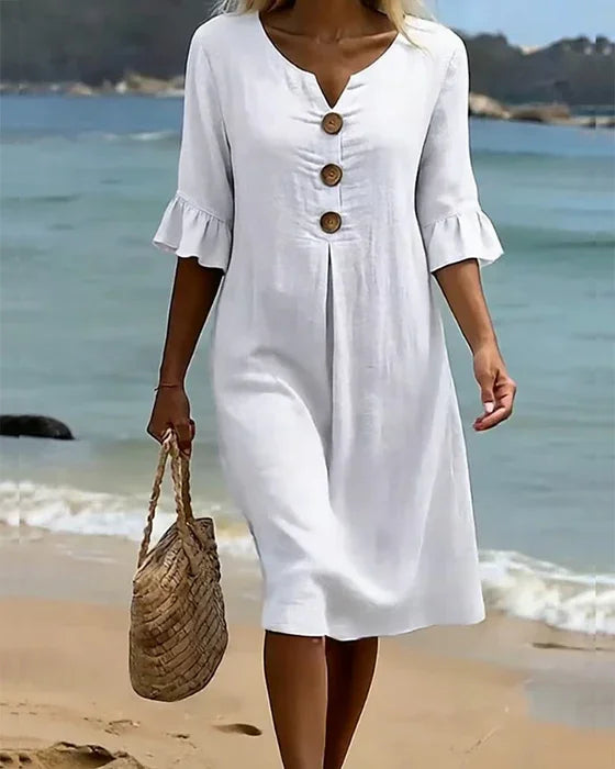 Vanesa | Linen Puff Sleeve Button Dress