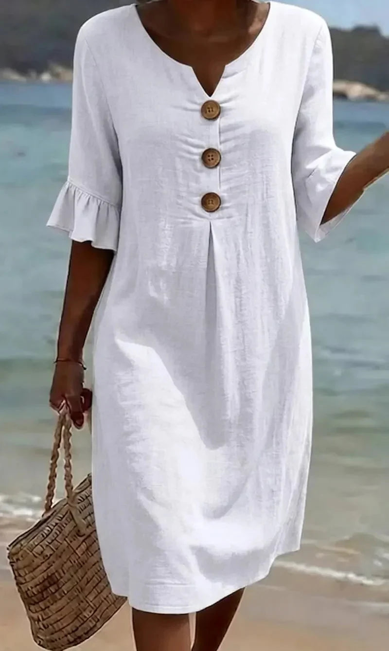 Vanesa | Linen Puff Sleeve Button Dress