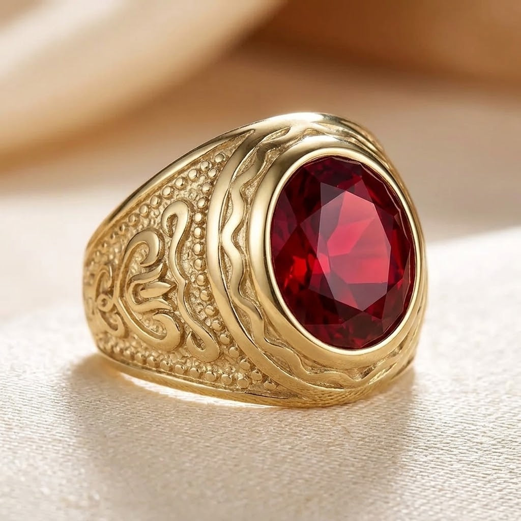 Anillo de oro con grabado y rubí