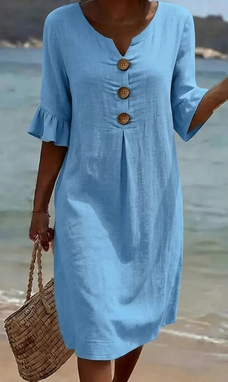Vanesa | Linen Puff Sleeve Button Dress