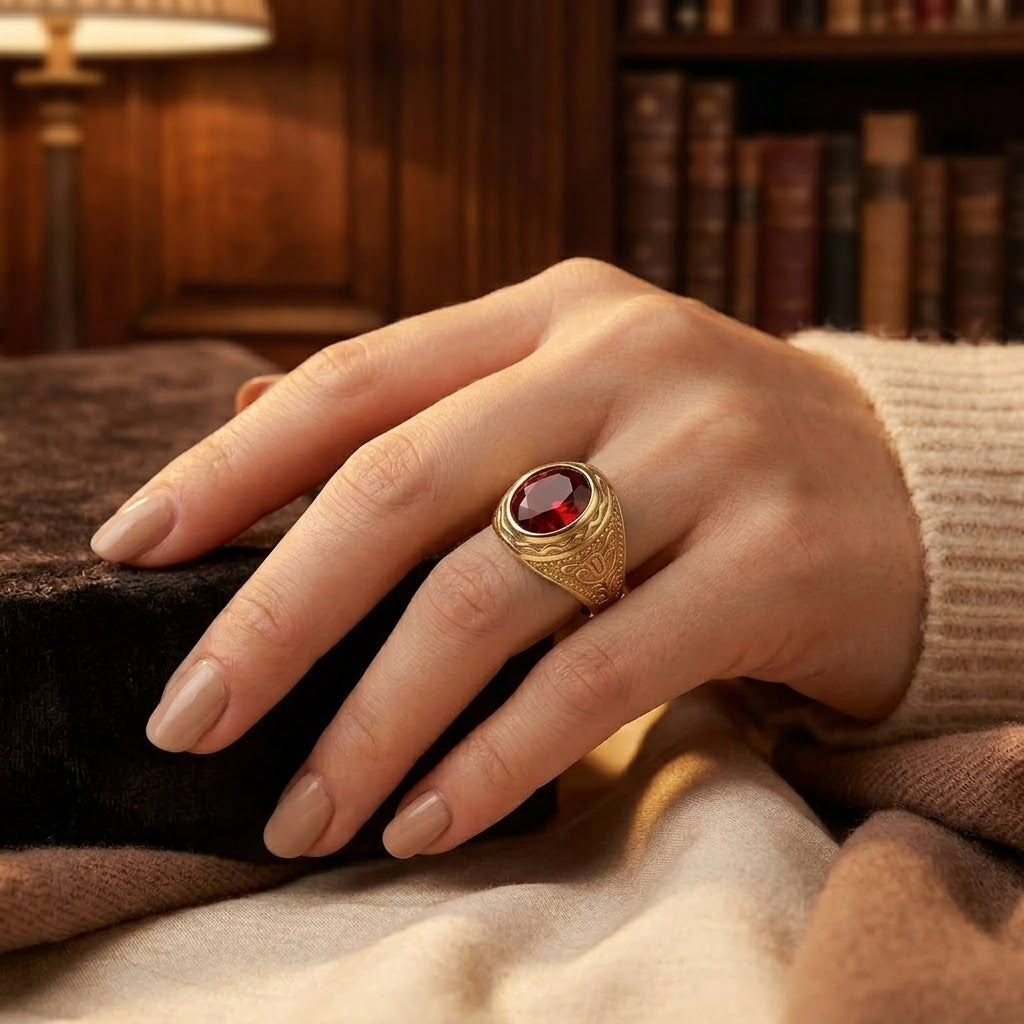 Anillo de oro con grabado y rubí