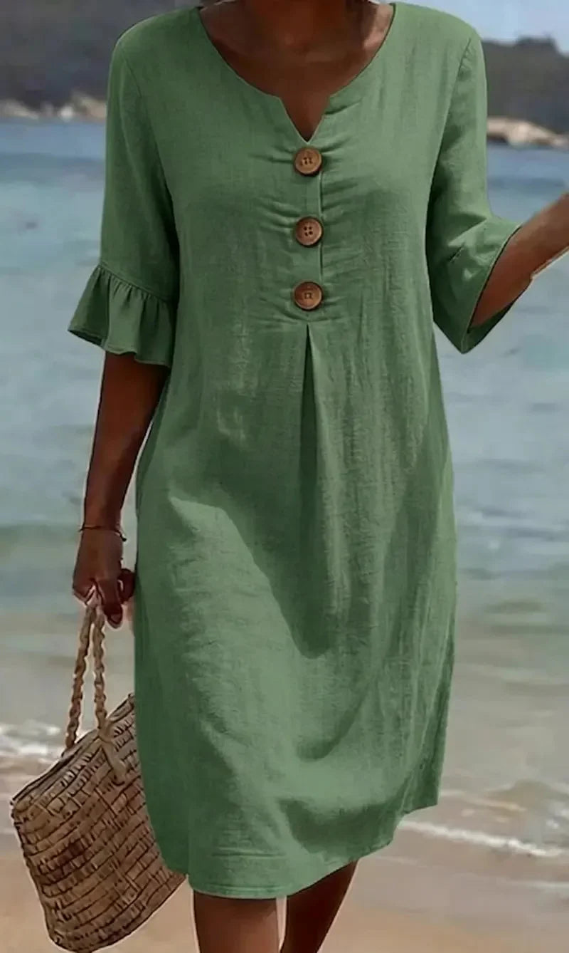 Vanesa | Linen Puff Sleeve Button Dress