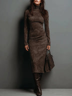 Lorène | Vestido midi marrón de efecto ante