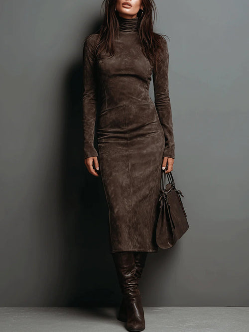Lorène | Vestido midi marrón de efecto ante