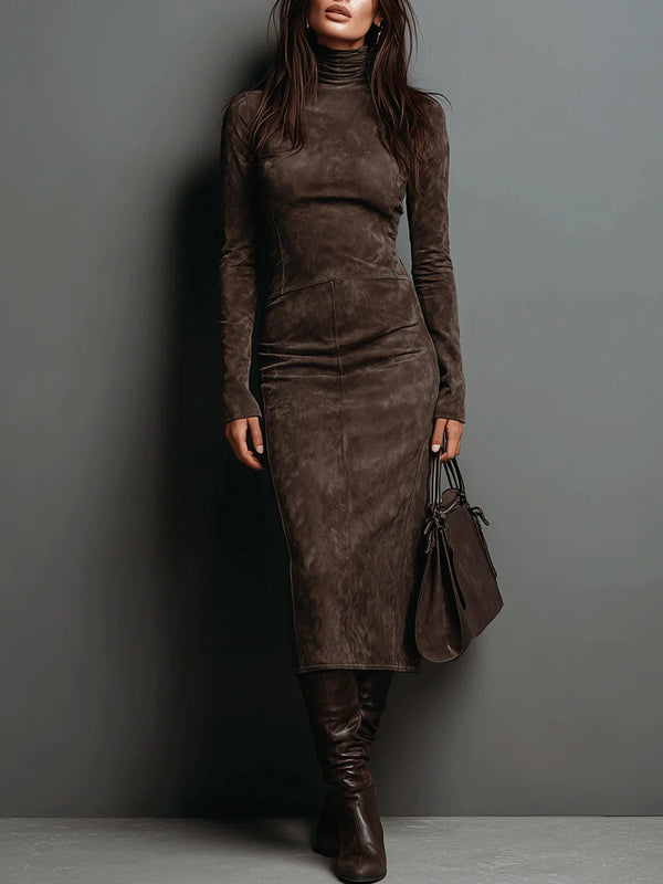 Lorène | Vestido midi marrón de efecto ante