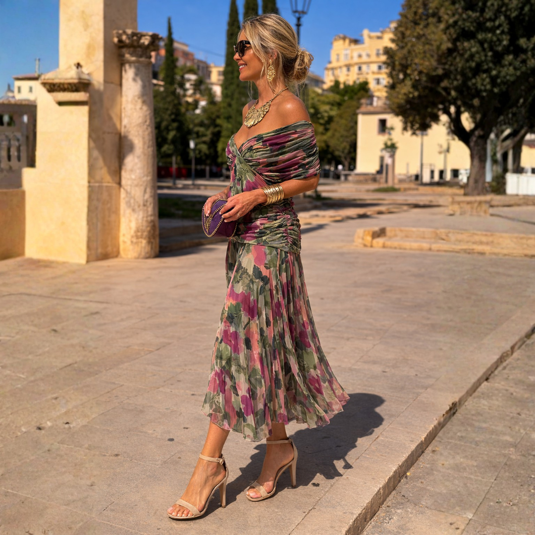 Mikaela | Vestido largo de hombros descubiertos que disimula la tripa