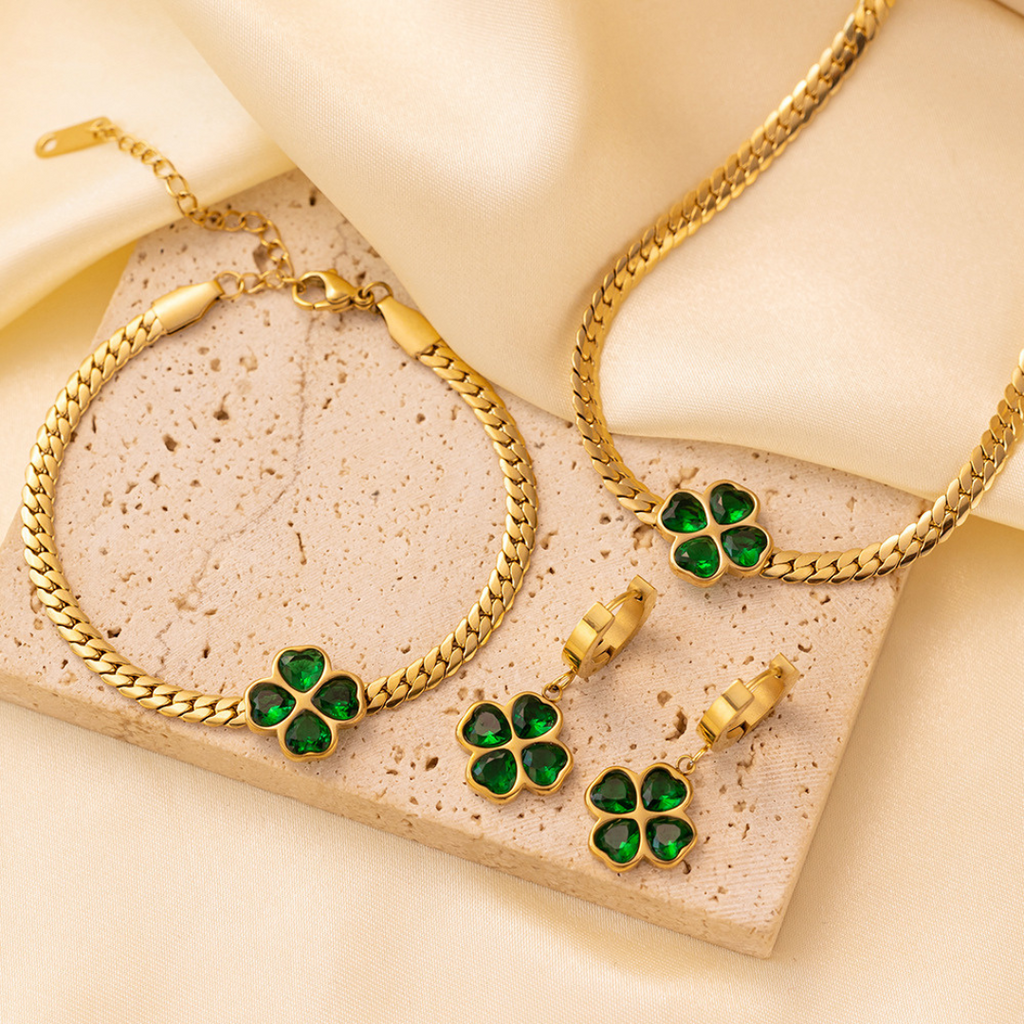 Emerald Clover Jewelry Set | 3 Pieces