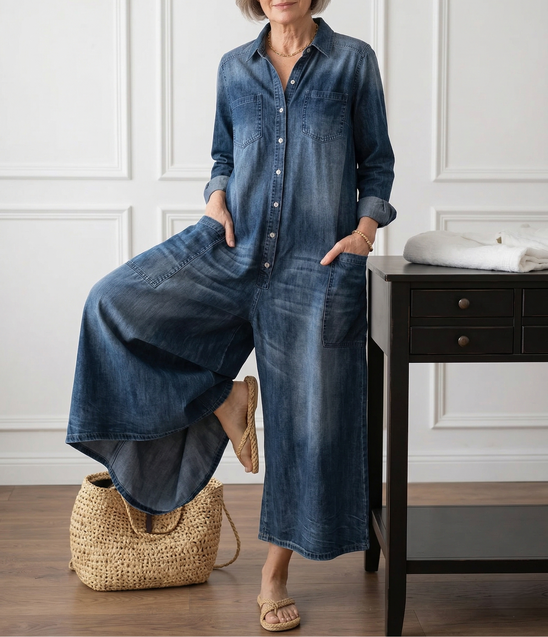 Diana | Mono vintage en denim de algodón suave lavado con botones