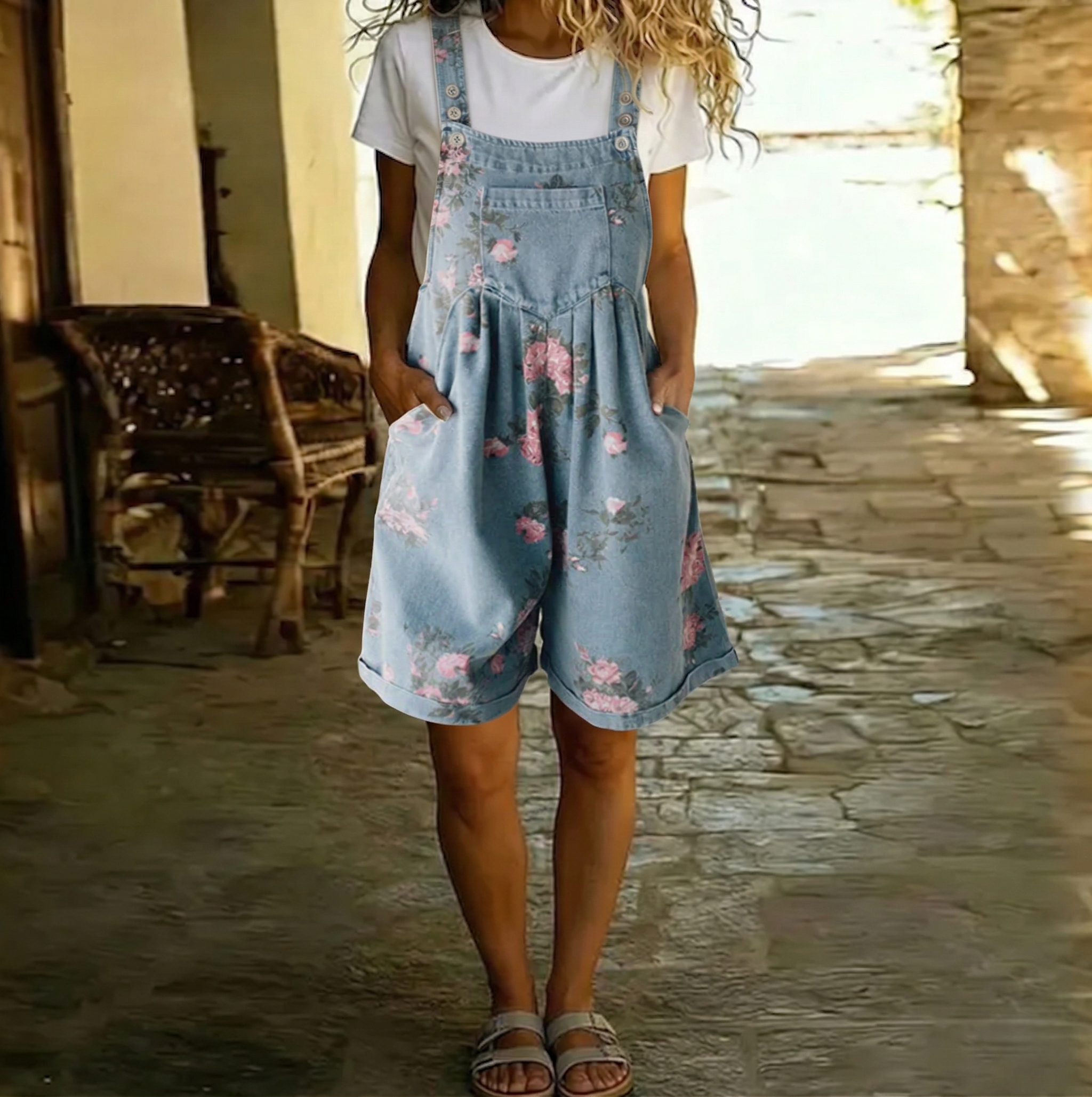 Judy | Denim lavado vintage con sensación de algodón suave overol floral