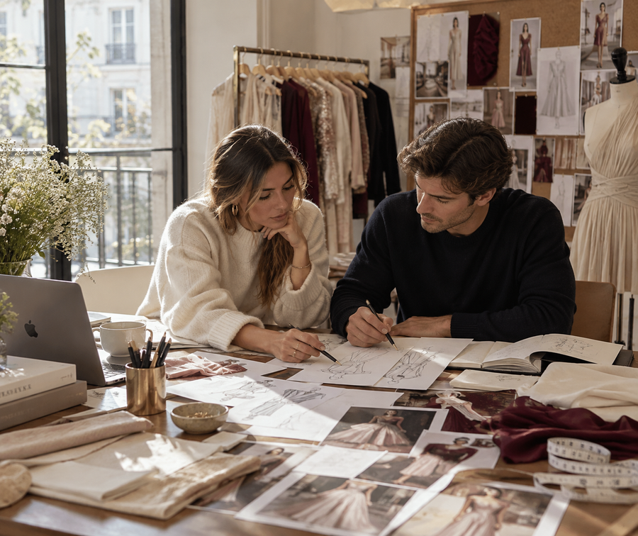 Dos personas revisando bocetos de moda en un estudio