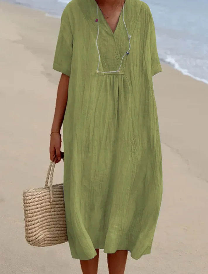Sandra | Casual Linen-Textured V-Neck Dress