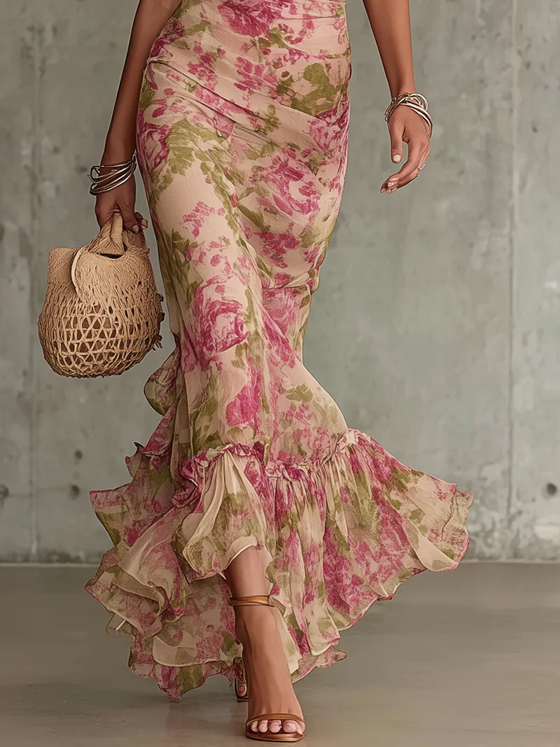 Vestido maxi con estampado rosa vintage y mangas abullonadas