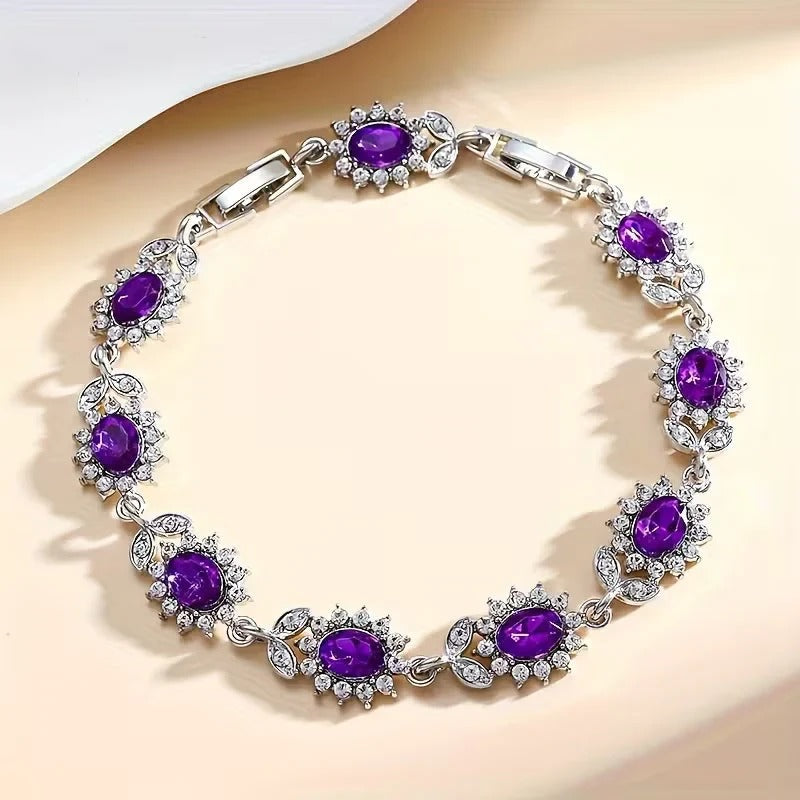 Pulsera floral de amatista plateada
