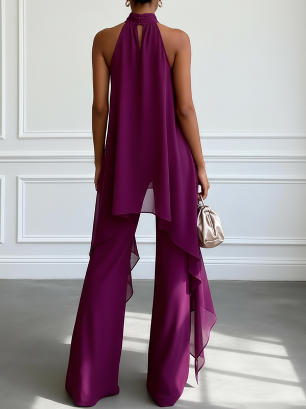 Conjunto de top morado sin mangas y pantalones