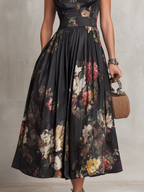 Vestido midi de satén plisado con escote en clave negro