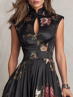 Vestido midi de satén plisado con escote en clave negro