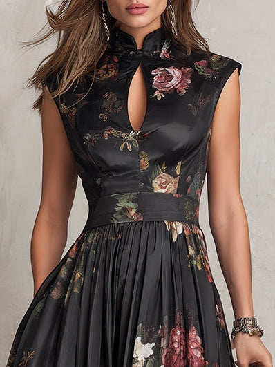 Vestido midi de satén plisado con escote en clave negro