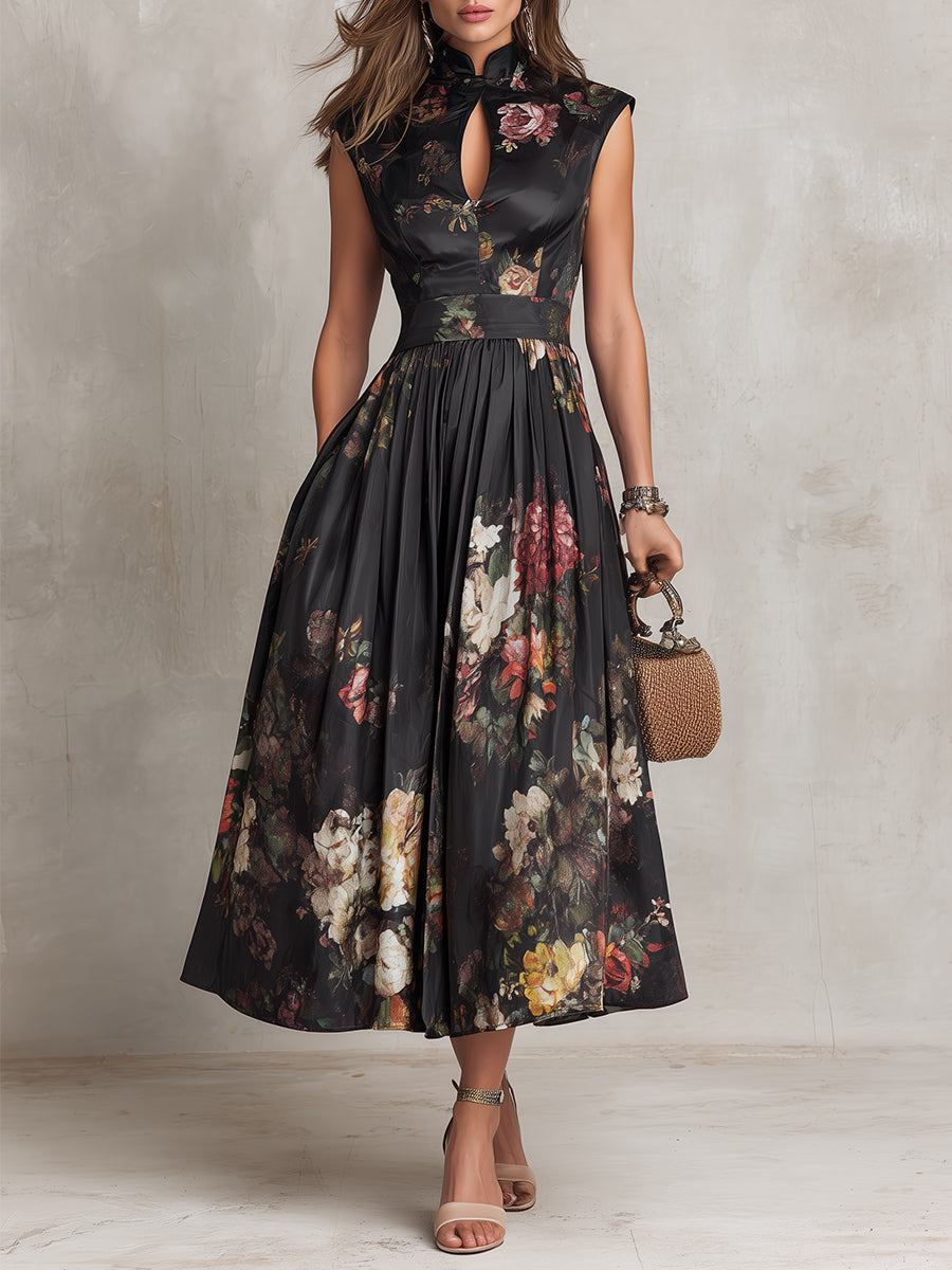 Vestido midi de satén plisado con escote en clave negro