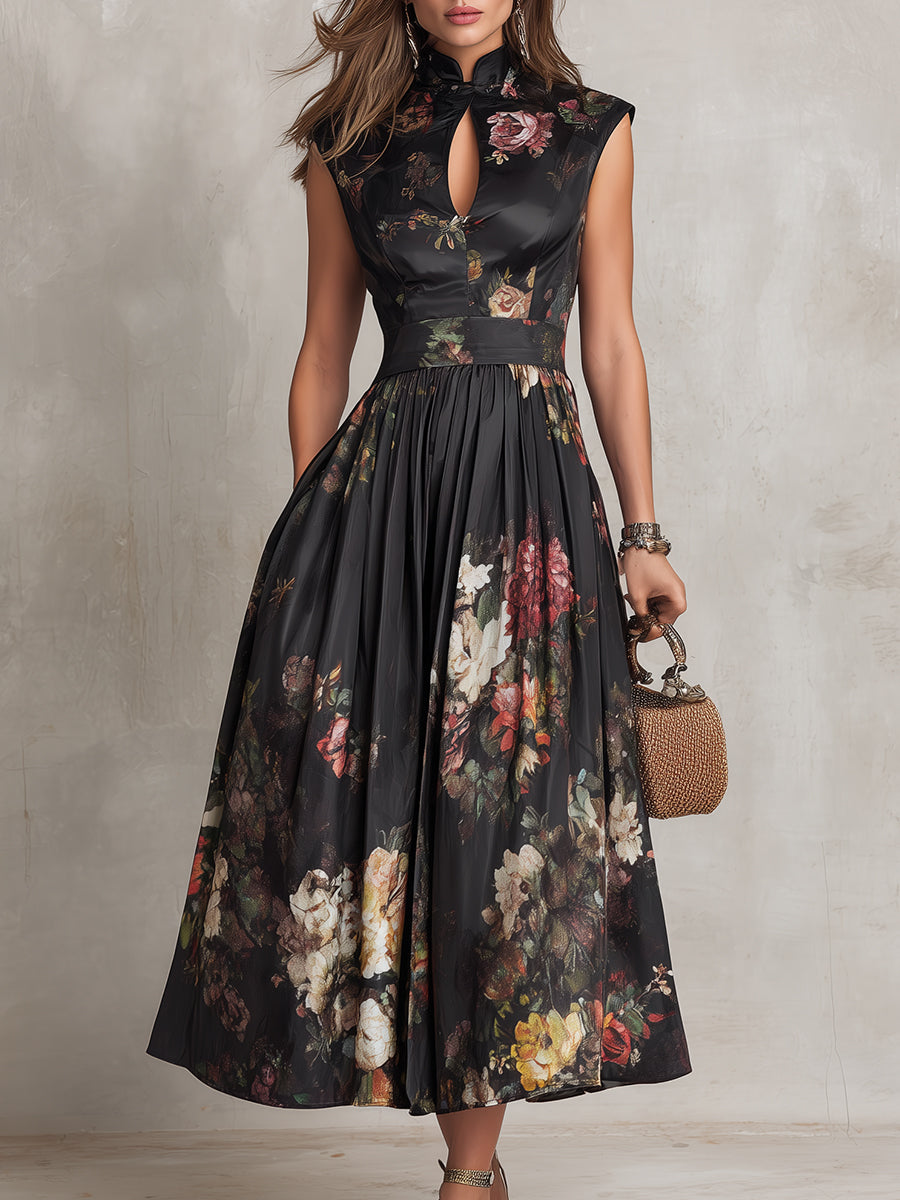 Vestido midi de satén plisado con escote en clave negro