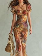 Vestido maxi de chifón naranja con estampado al óleo