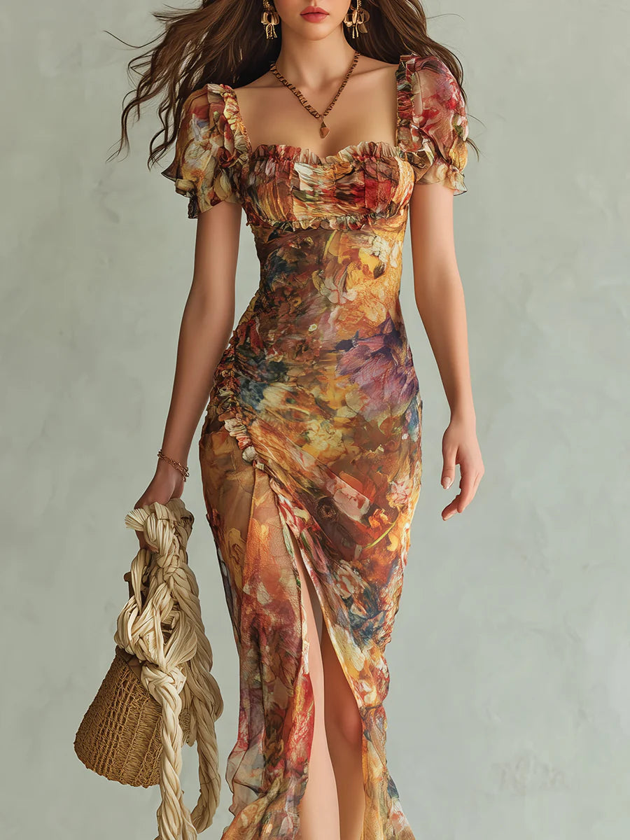 Vestido maxi de chifón naranja con estampado al óleo