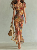 Vestido maxi de chifón naranja con estampado al óleo