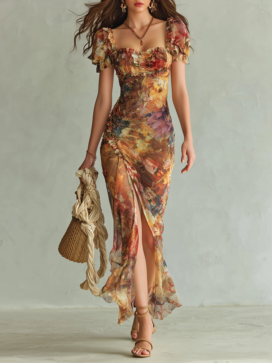 Vestido maxi de chifón naranja con estampado al óleo