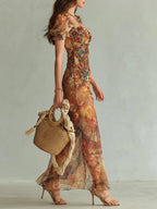 Vestido maxi de chifón naranja con estampado al óleo