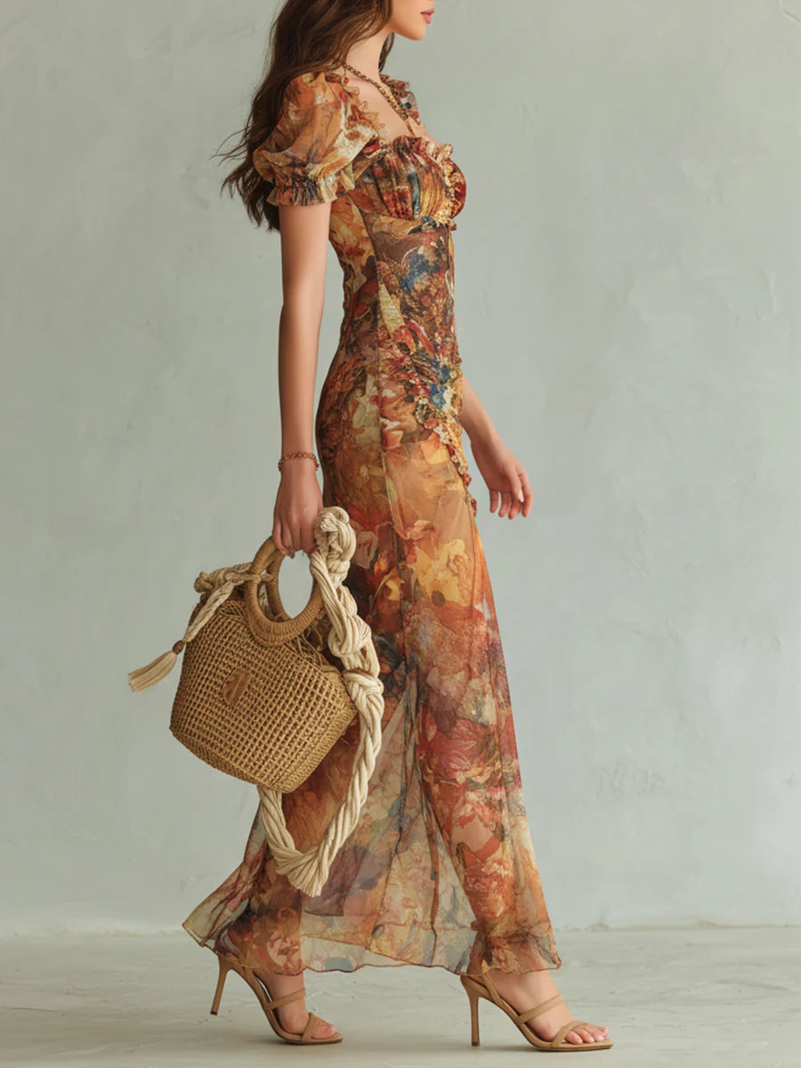 Vestido maxi de chifón naranja con estampado al óleo