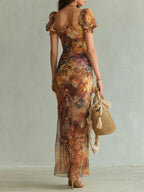 Vestido maxi de chifón naranja con estampado al óleo
